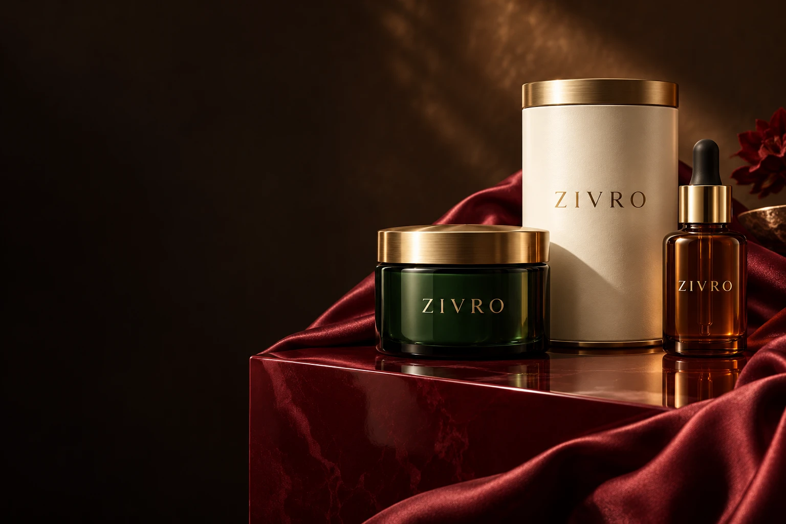 ZIVRO packaging concepts on burgundy silk and lacquered plinths
