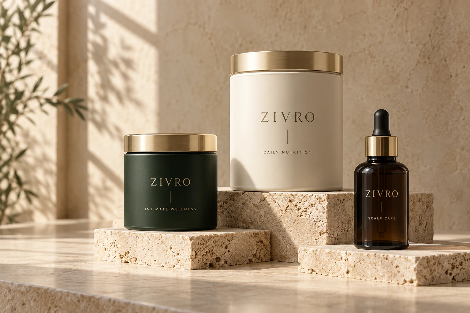 The three planned ZIVRO packaging directions on warm travertine